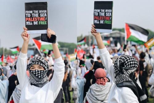 Potret Glency Chysara Mengenakan Keffiyeh Ikut Acara Bela Palestina, Bak Wanita Arab: Okezone Lifestyle